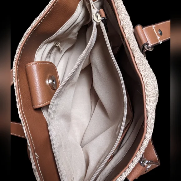 Woven Textured Tan & Brown Purse Handbag with Pockets - Picture 6 of 15